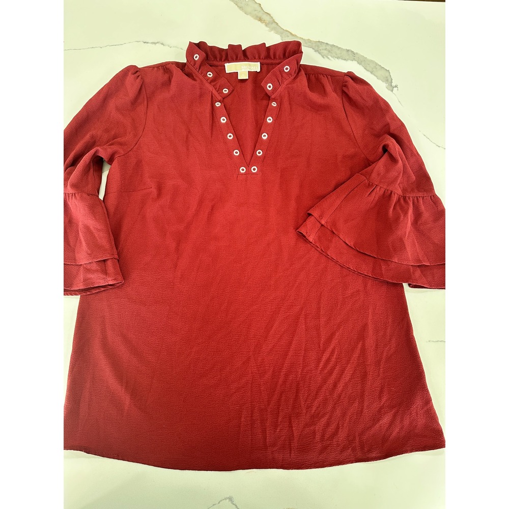 Michael Michael Kors Red‎ Grommet Ruffle Neck Bell Sleeve Blouse Medium